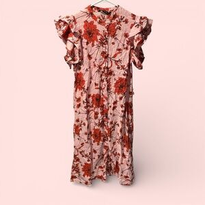 Cute pink red linen Zara ruffle sleeve midi button front dress valentines love